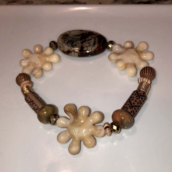 Stunning brown, gold & cream stretch bracelet w/Jasper stone - NEW in package - Picture 5 of 9